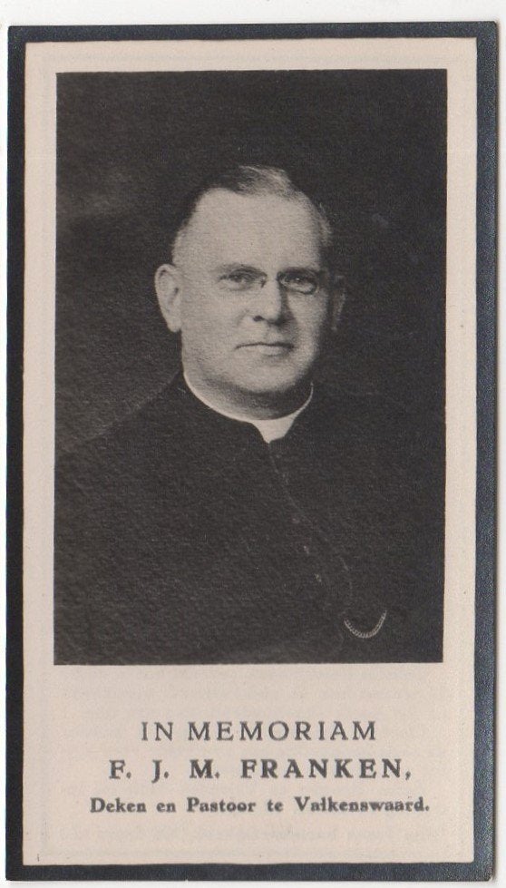 Zeeland pastoor Fr.Franken 1878 Tilburg + 1925 Valkenswaard, Verzamelen, Bidprentjes en Rouwkaarten, Ophalen of Verzenden