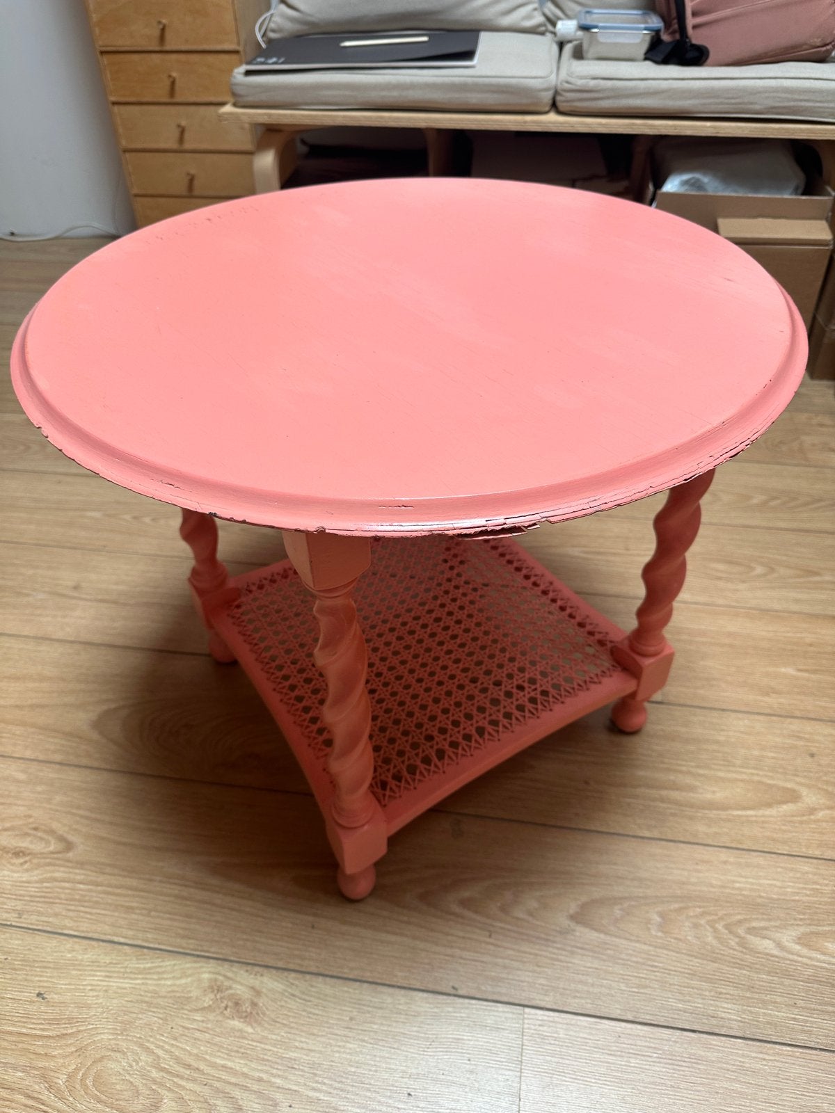 Vintage Roze Bijzettafel, Gebruikt, 55 tot 75 cm, Hout, Ophalen