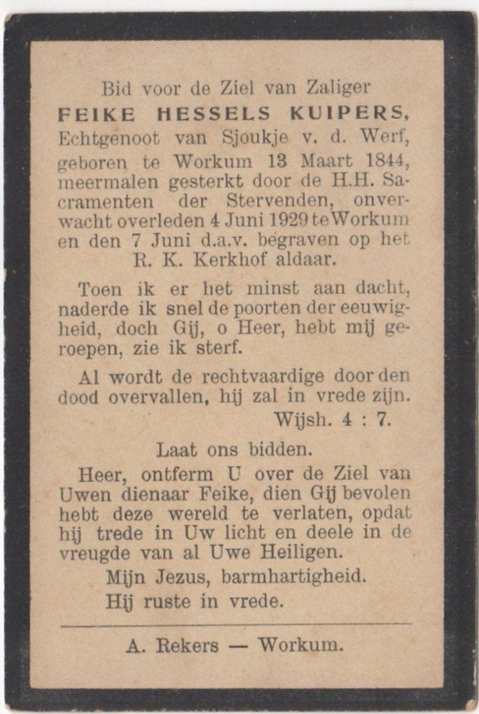 Feike Hessels Kuipers 1844 Workum + 1929 Workum, 85 jaar oud, Ophalen of Verzenden