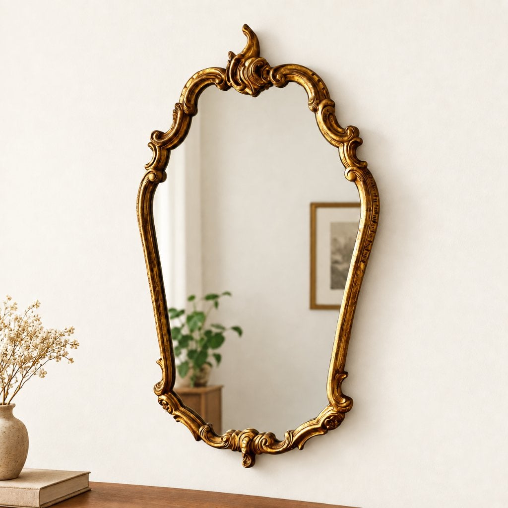 Grote Vintage Verweerde Kuifspiegel met Gouden Lijst, Antiek, Ophalen, Minder dan 50 cm, Gebruikt, Minder dan 100 cm