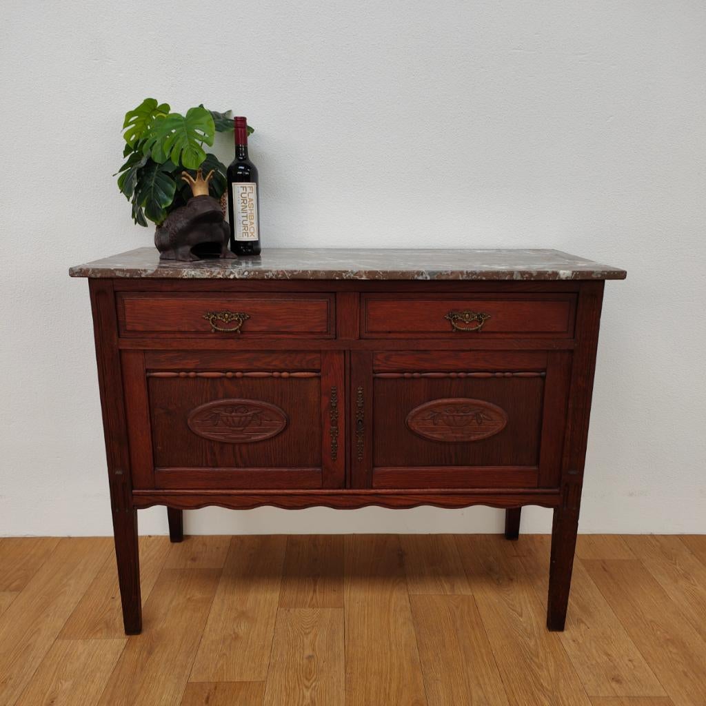 Vintage antiek dressoir wandmeubel commode met marmer blad, Valkenswaard, Gebruikt, 100 tot 150 cm, Info@flashbackfurniture.nl