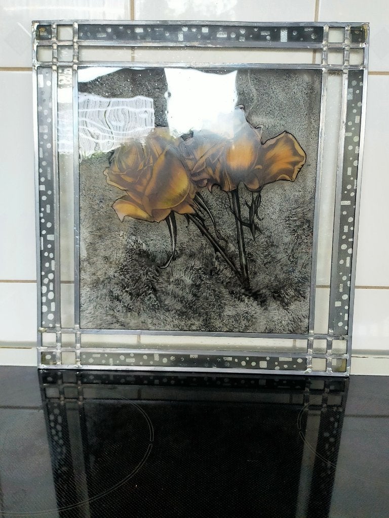 Glas in lood raam Rozen.Gebrandschilderd., Ophalen, Minder dan 80 cm, Overige typen, Zo goed als nieuw
