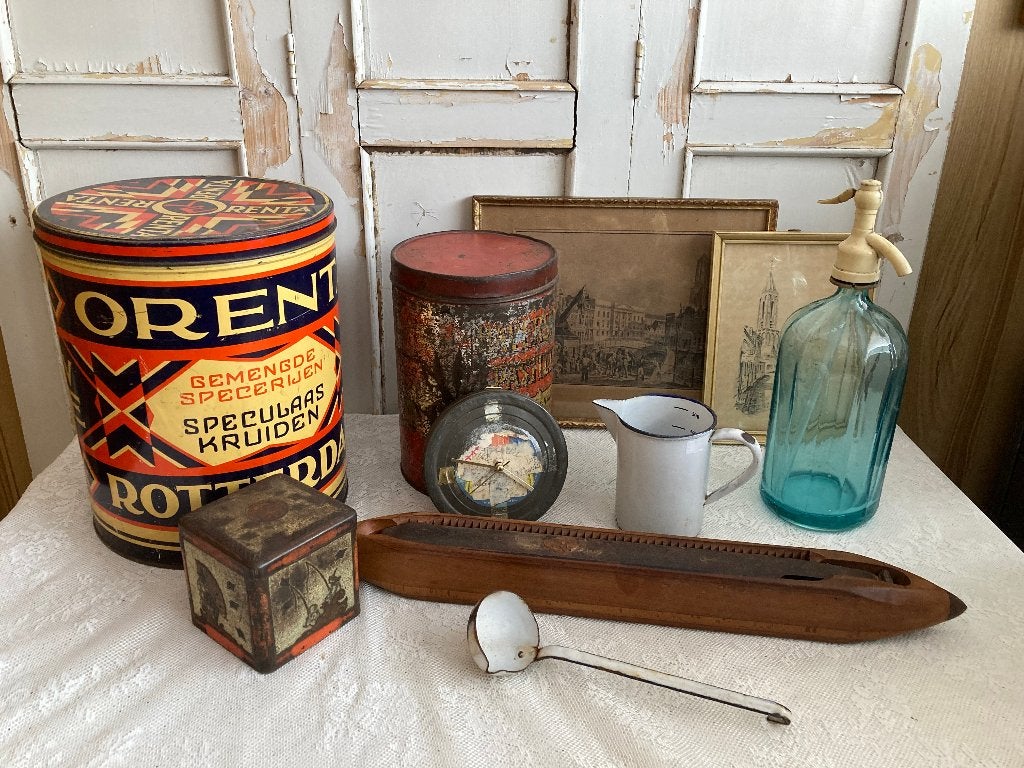 Brocante emaille litermaatje & juslepeltje - prent - spoel, Antiek en Kunst, Ophalen of Verzenden