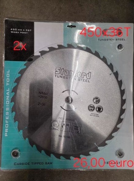 2 zaagbladen widia, diameter 450 mm en 36 tands, Nieuw, Ophalen of Verzenden, 30 tot 70 mm, Lintzaag