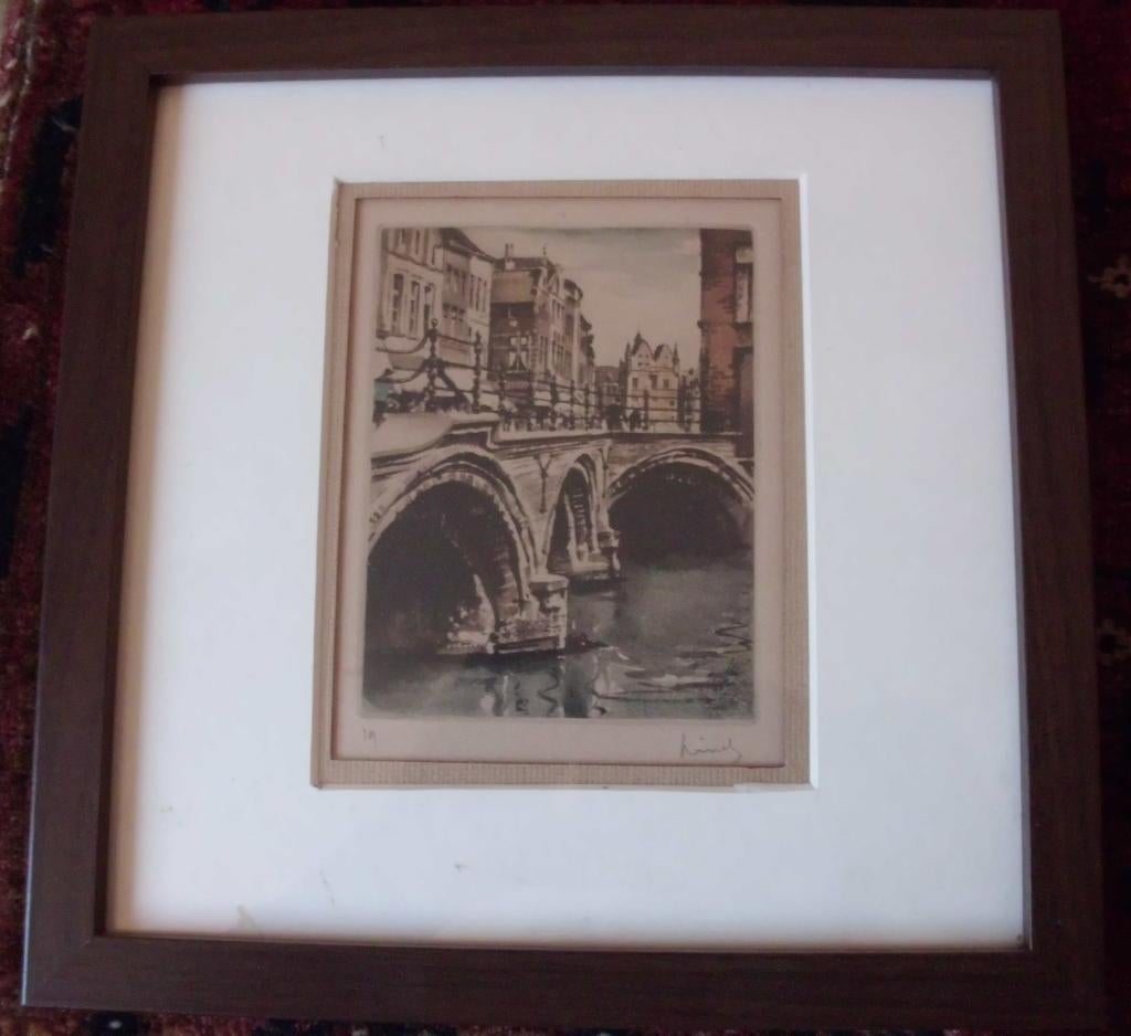 Roger Hebbelinck  1912 - 1987   Belgié ., 25 cm, Ets, Stadsgezicht, Ophalen of Verzenden