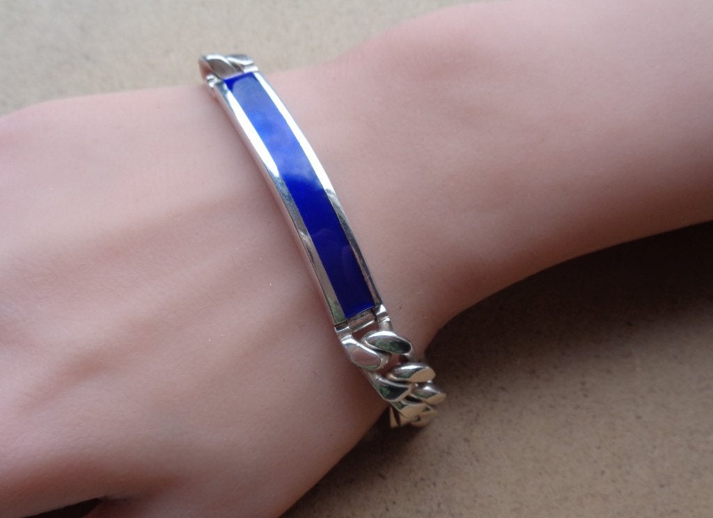 zilveren gesp armband met lapis lazuli naamplaat [852], Verzenden, Zo goed als nieuw, Met edelsteen, Zilver
