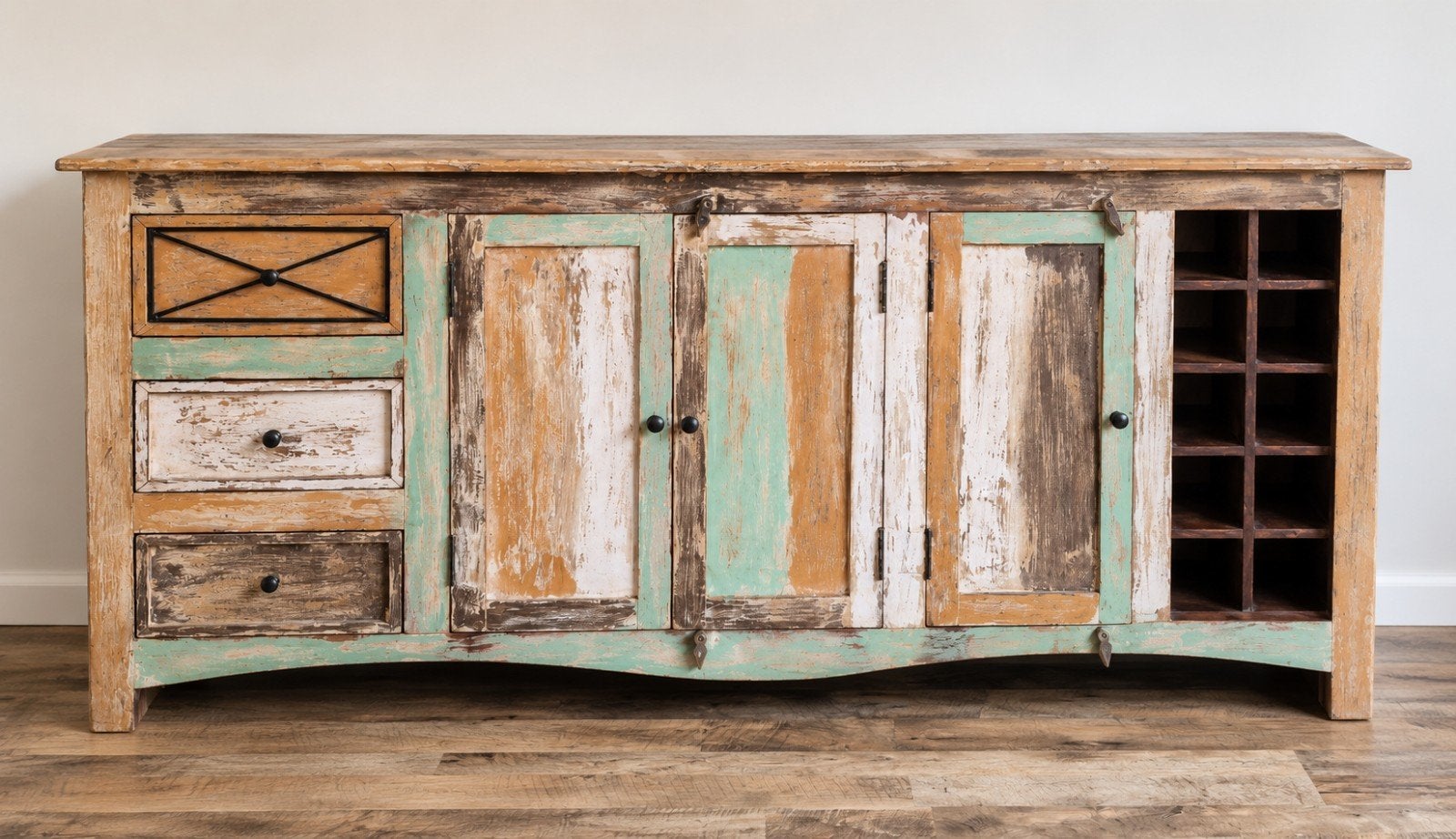 Unieke Vintage Dressoir met Wijnrek - Gerecycled Hout, Ophalen, Gebruikt, 150 tot 200 cm, 25 tot 50 cm