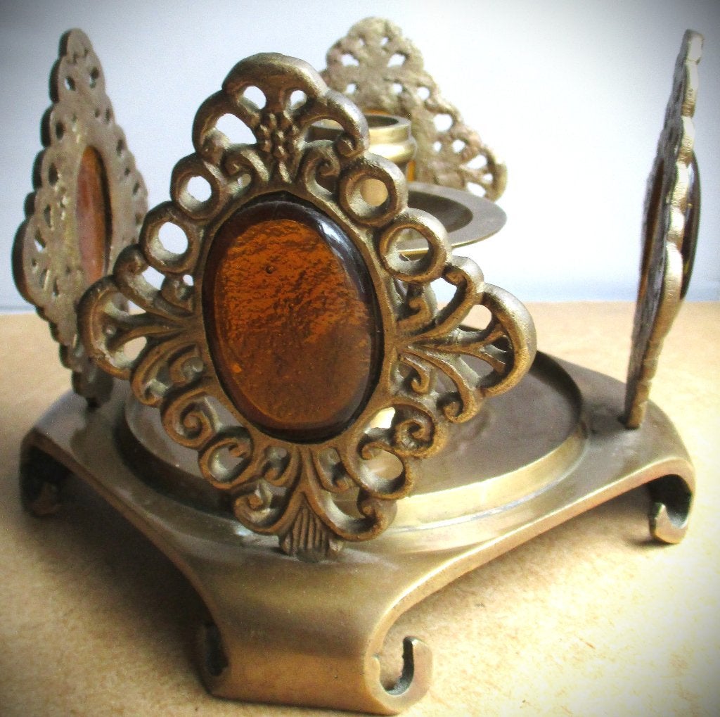 Kandelaar Messing~Antieke Kaarsenhouder met Amber kleur sten, Ophalen of Verzenden, Koper of Brons