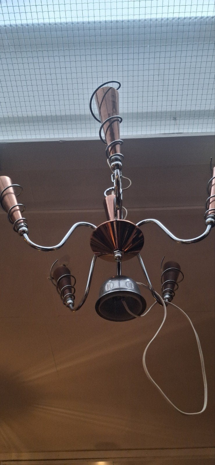 Vintage koperen kroonluchter met 5 armen, Gebruikt, Vintage, Klassiek, Ophalen of Verzenden, Onbekend