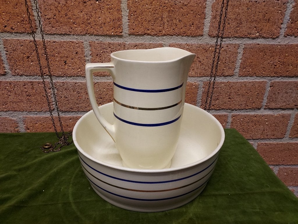 2-delig lampetstel met blauwe biesjes, P. Regout., Antiek en Kunst, Antiek | Keramiek en Aardewerk, Verzenden