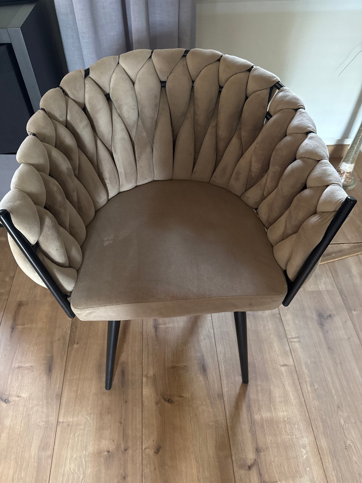 Stijlvolle fluwelen stoel - Zwart en Beige/taupe gevlochten, Huis en Inrichting, Ophalen, Gebruikt, Zwart, Stof