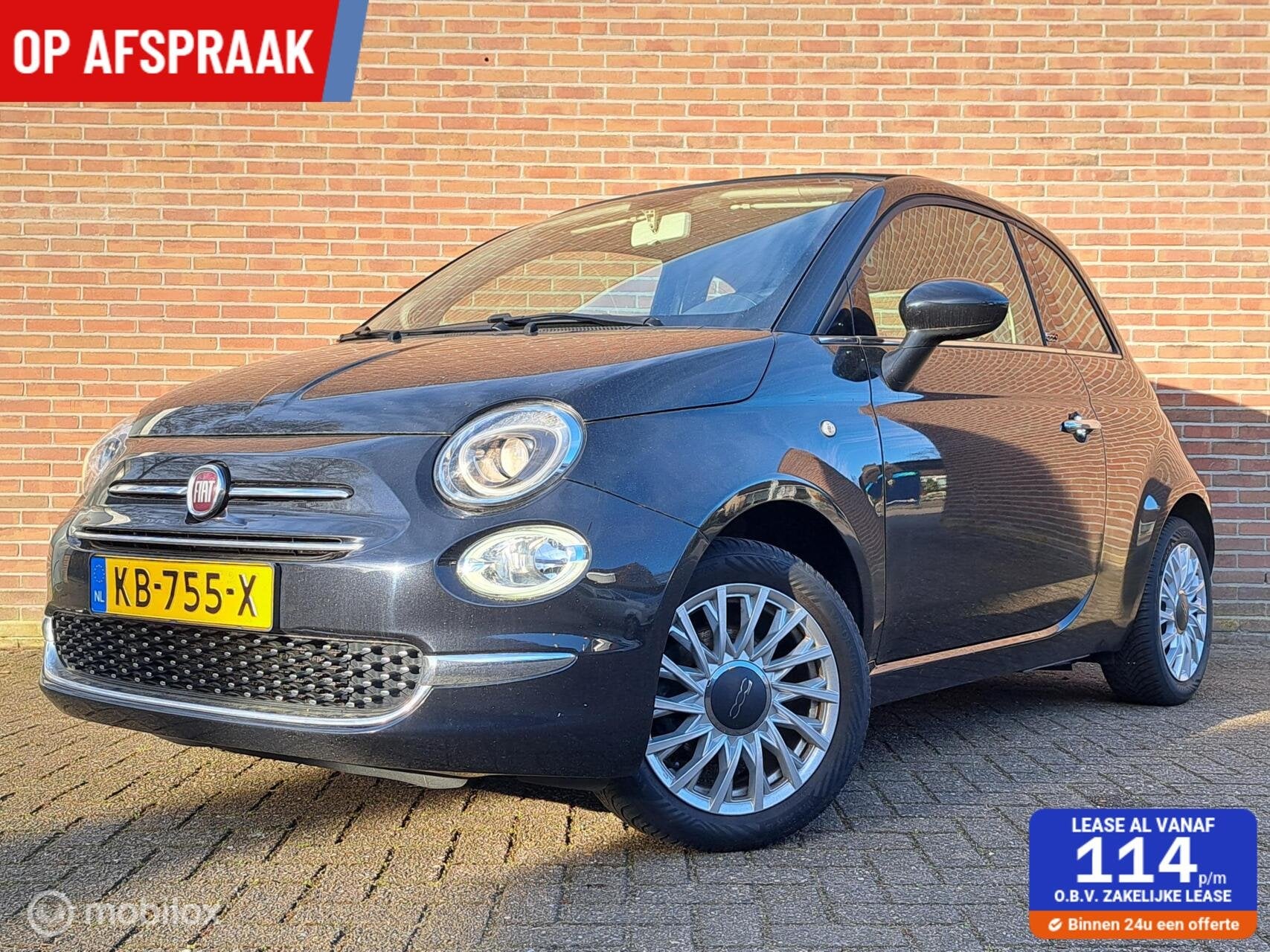 Fiat 500 0.9 TwinAir Turbo Lounge/ Cabriodak!, Gebruikt, Cabriolet, Zwart, Origineel Nederlands