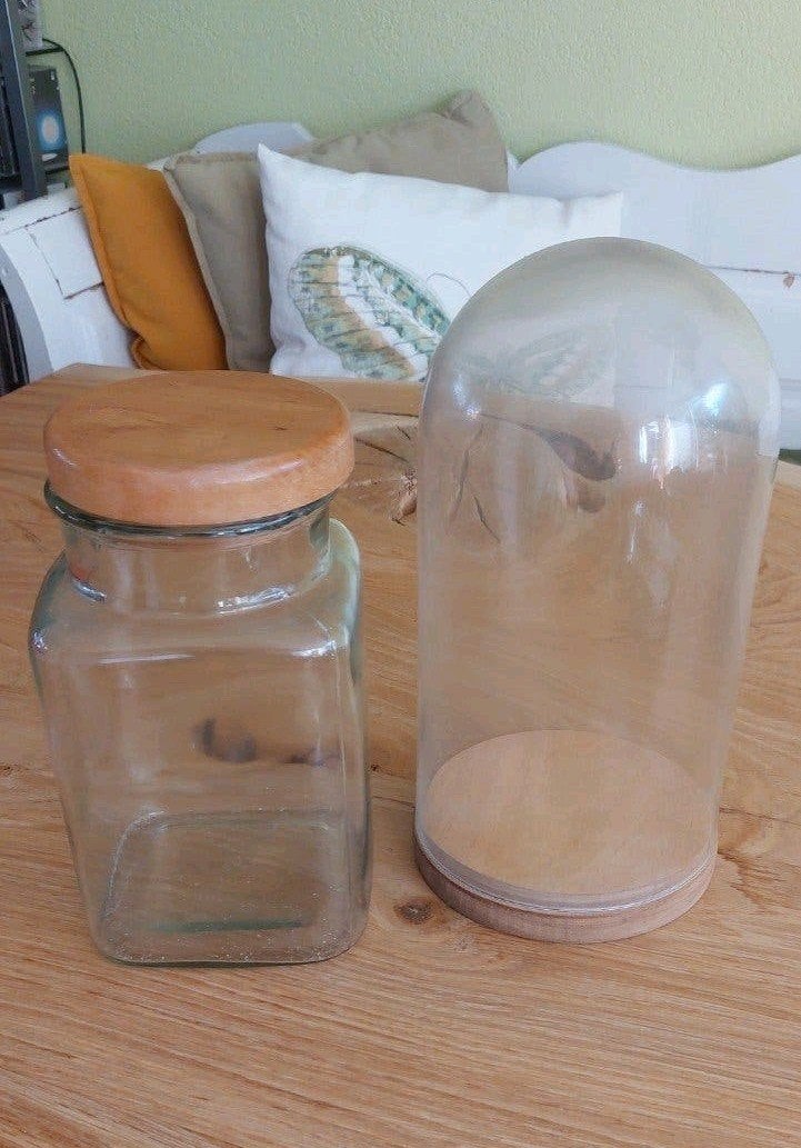 Glazen stolp met plateau en glazen pot met houten deksel, Glas, Ophalen, Gebruikt, Met deksel