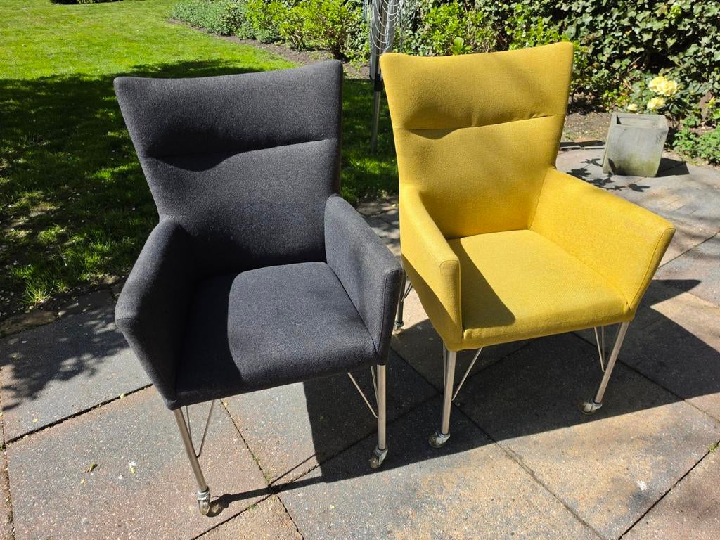 6 stoelen: 3 antraciet, 3 mosterdgeel, Huis en Inrichting, Stoelen, Ophalen, Zo goed als nieuw, Grijs, Vijf, Zes of meer stoelen