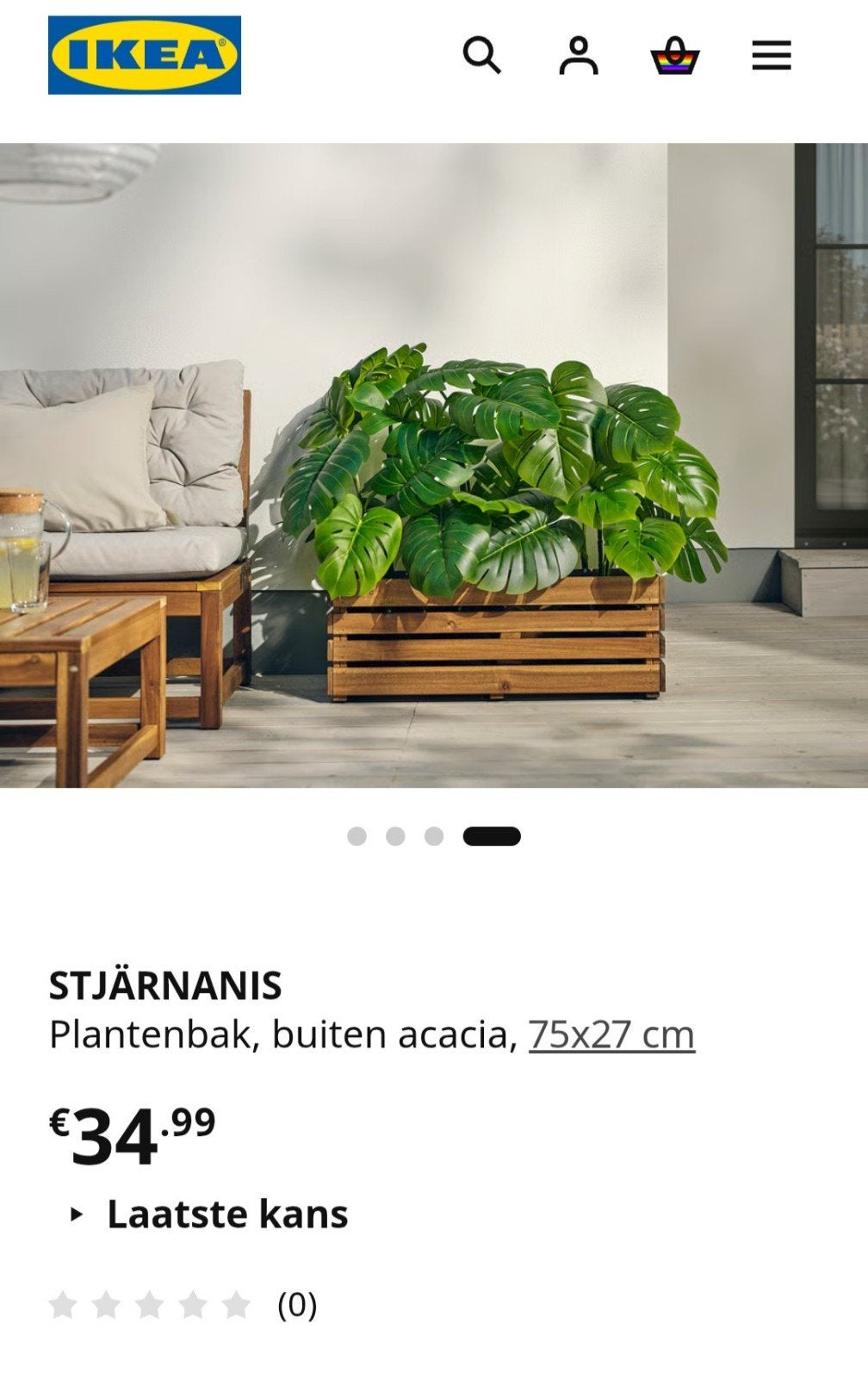 IKEA STJÄRNANIS Plantenbak buiten acacia 75x27 cm NIEUW!, Ophalen, Zo goed als nieuw, Balkon, 60 tot 100 cm