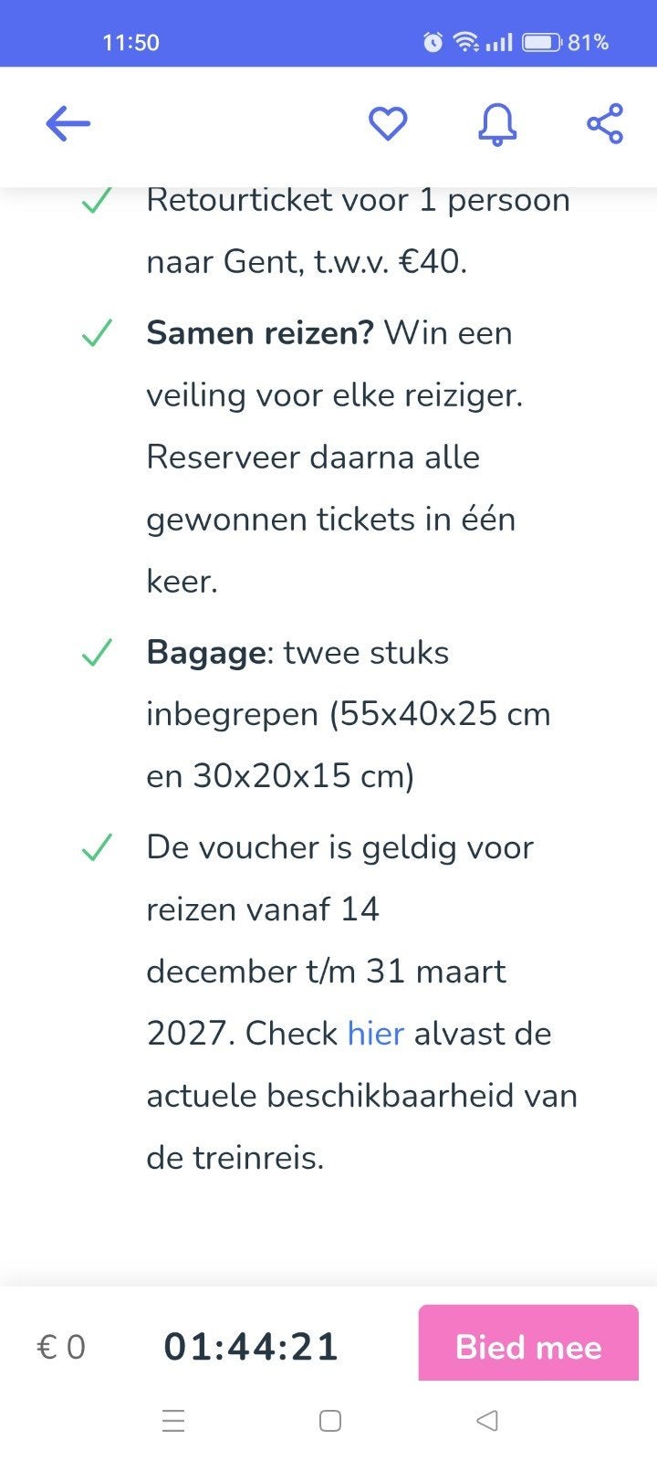 retour treinticket naar Gent, Tickets en Kaartjes, Eén persoon, Trein, Buitenland, Met bestemming of datum