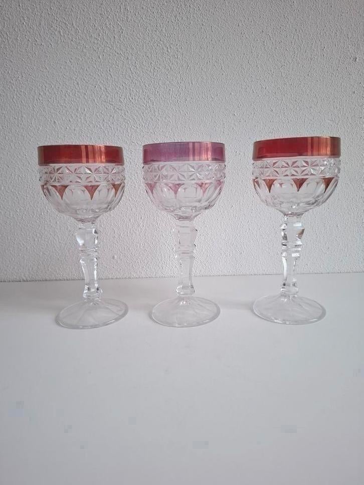 3 zware vintage kristallen glazen met overlay, Antiek en Kunst, Antiek | Glas en Kristal, Ophalen of Verzenden