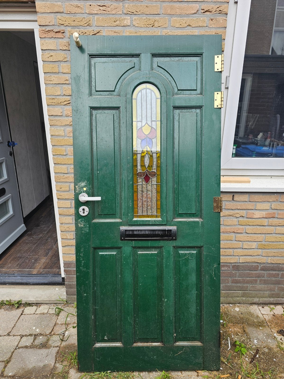 Groene houten buitendeur met glas-in-lood, Gebruikt, 80 tot 100 cm, Ophalen of Verzenden, Buitendeur