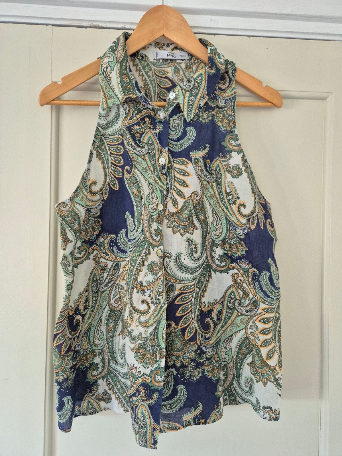 Blouse zonder mouwen (halter kraag) van Mango maat L met Pai, Kleding | Dames, Maat 38/40 (M), Mango, Blauw, Ophalen of Verzenden