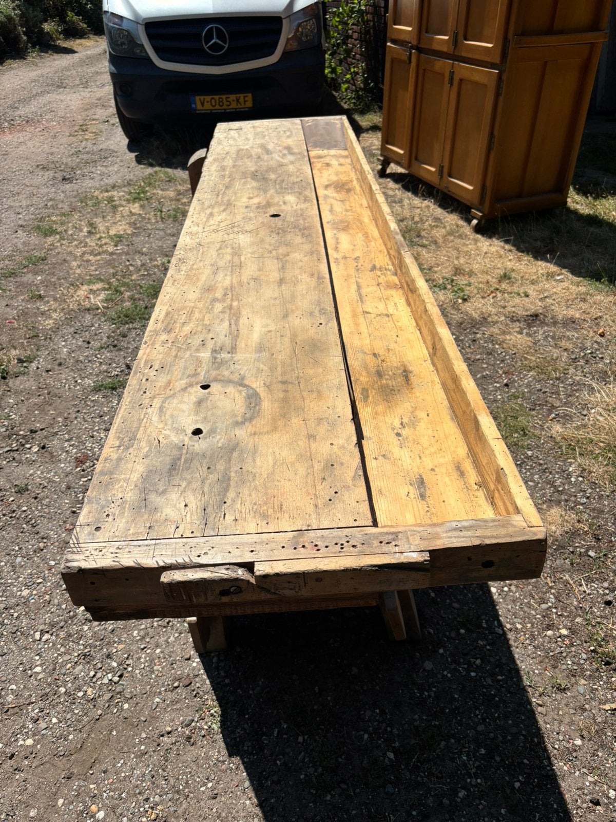Timmermanswerkbank of industriële houten werkbank sidetable, Ophalen
