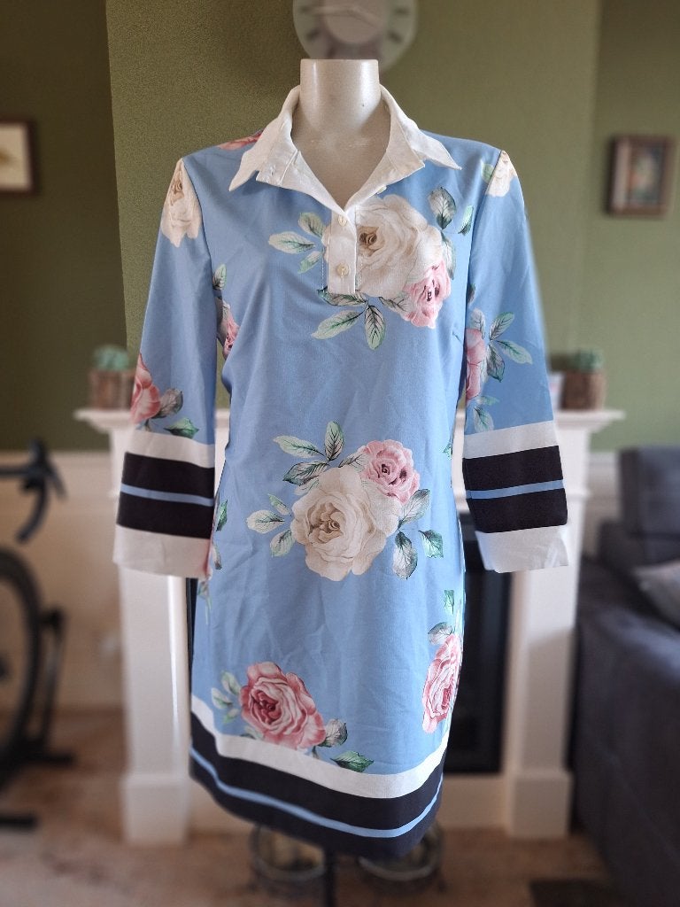 Rinascimento blauwe bloemen jurk XL, Kleding | Dames, Jurken, Zo goed als nieuw, Knielengte, Verzenden, Blauw