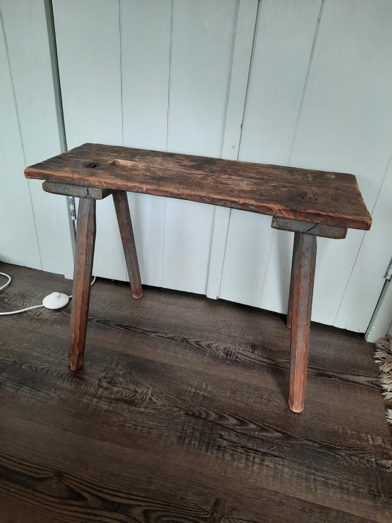 Brocante vintage oud houten krukje bankje, Ophalen, 25 tot 50 cm, Rechthoekig