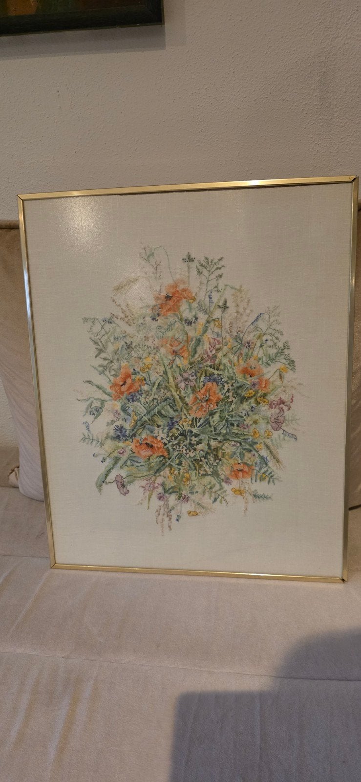 Geborduurd schilderij met bloemen - Mooi handwerk, Achter glas, Vintage, Ophalen, Bloemen