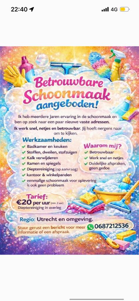 Ervaren & betrouwbare schoonmaakster aangeboden Utrecht e.o., Vacatures, Vacatures | Schoonmaak en Facilitaire diensten