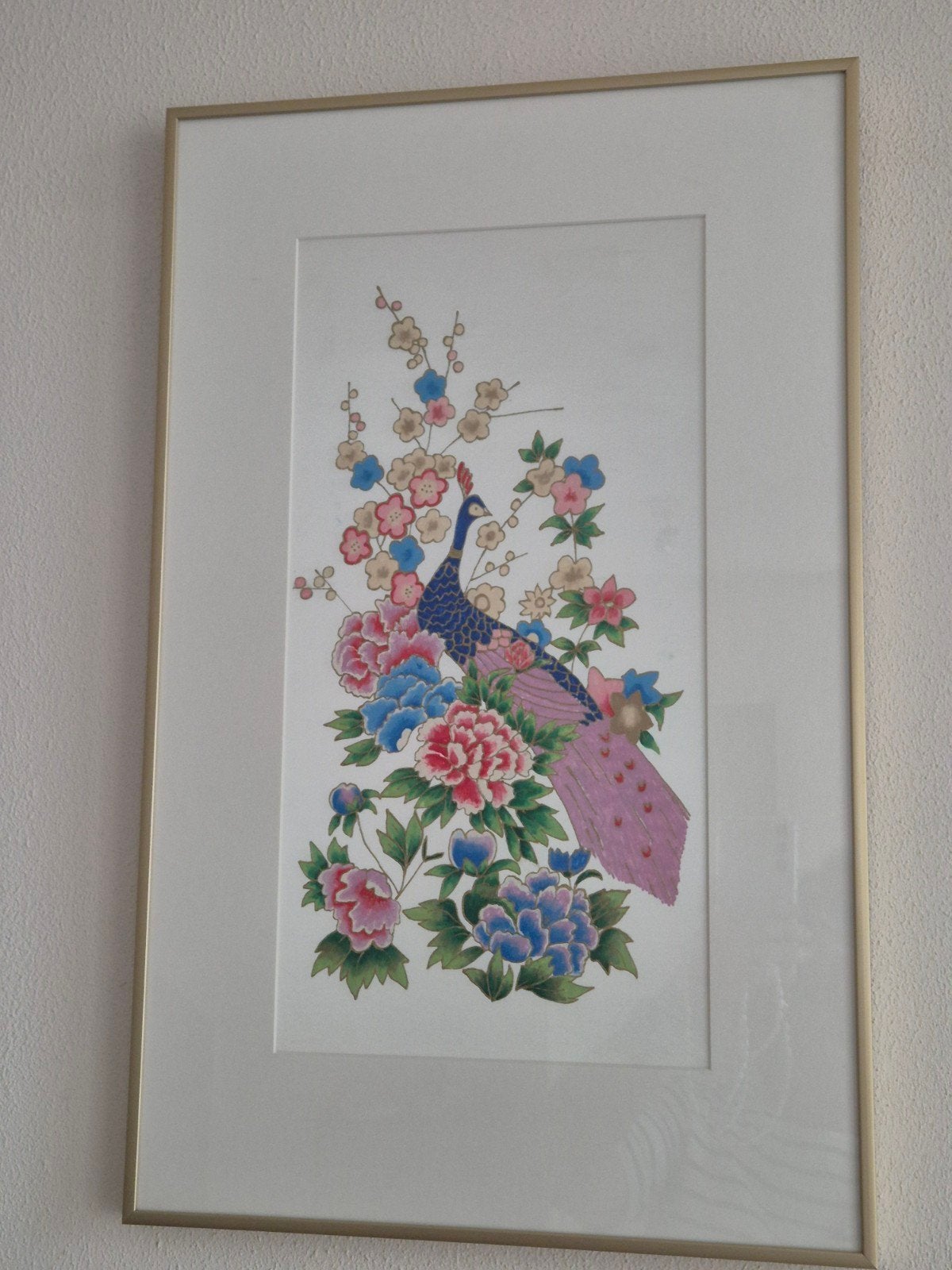 Schilderij met pauw en bloemen, Ophalen, Papier/karton, Dieren, Overige technieken
