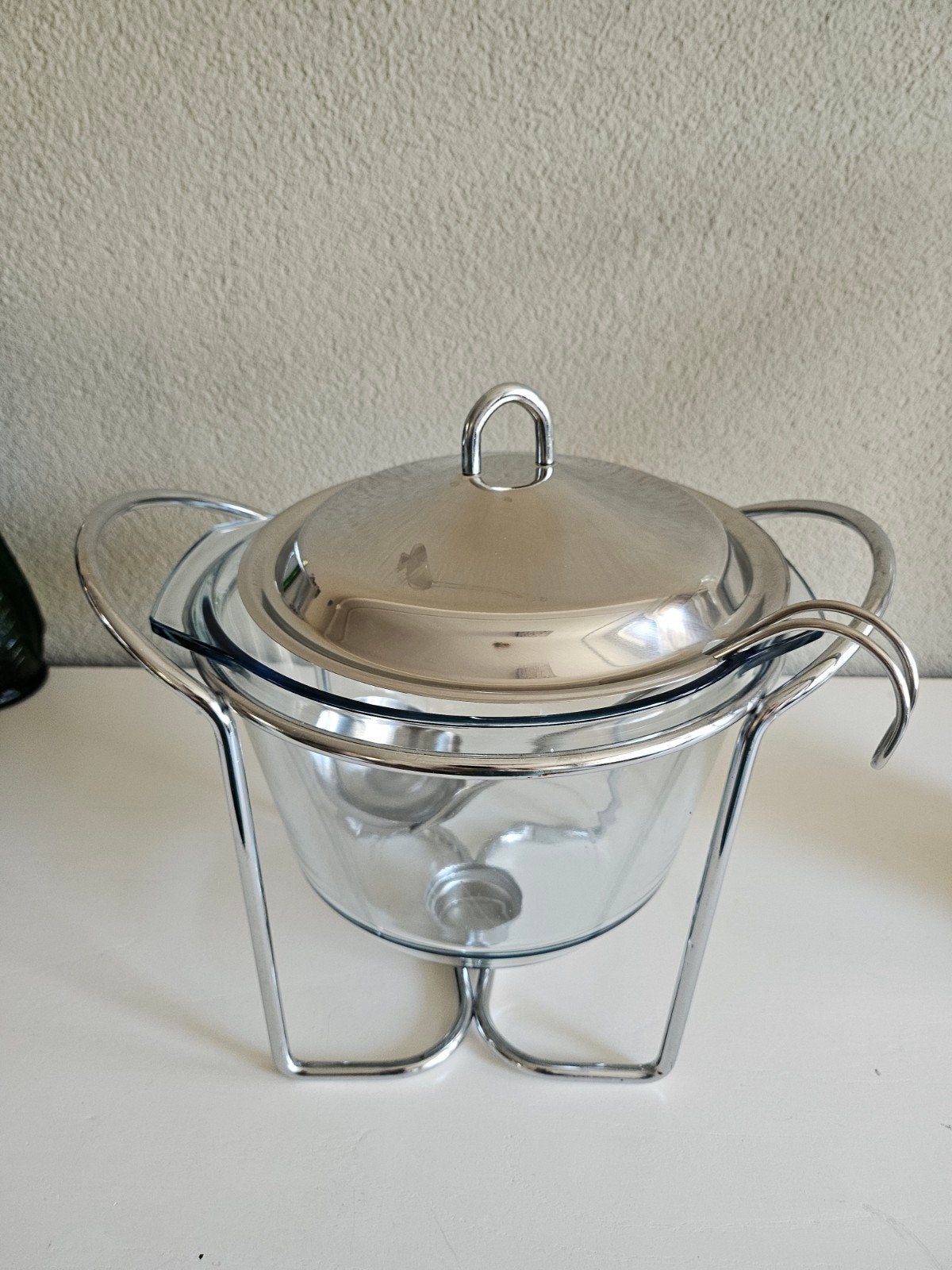 Punch- of soepkom met rvs houder, deksel en lepel, Zilver, Ophalen of Verzenden, Glas, Overige typen
