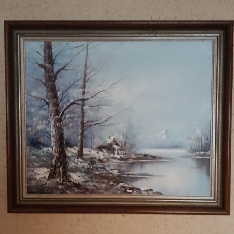 Schilderij A. Havenith - Winterlandschap met huisje en water, Antiek en Kunst, Kunst | Schilderijen | Klassiek, Ophalen, Doek
