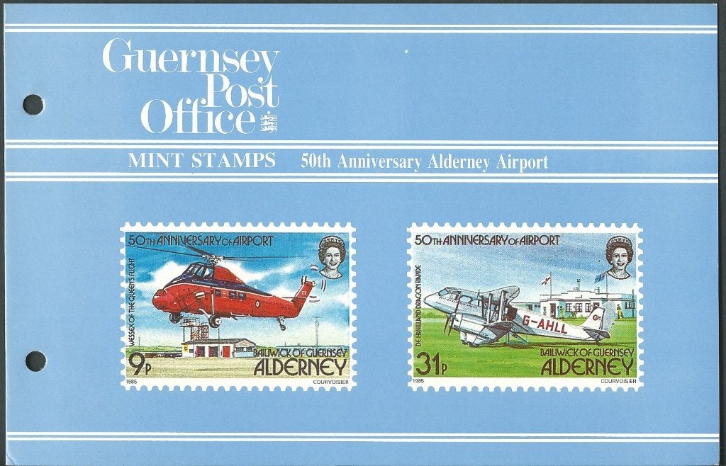 ALDERNEY 1985 Vliegtuigen in Presentatie mapje, Postfris., Verzenden, Postfris, Vliegtuigen