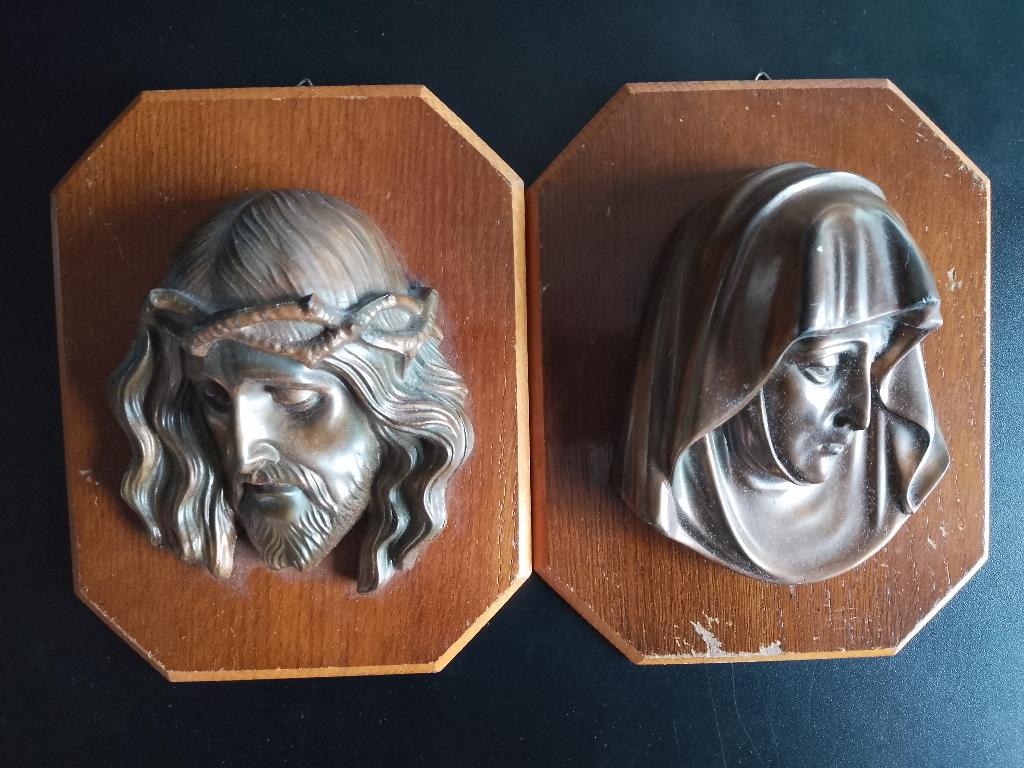 Muurhangers Christus & Maria - Brons op eiken paneel, Ophalen of Verzenden
