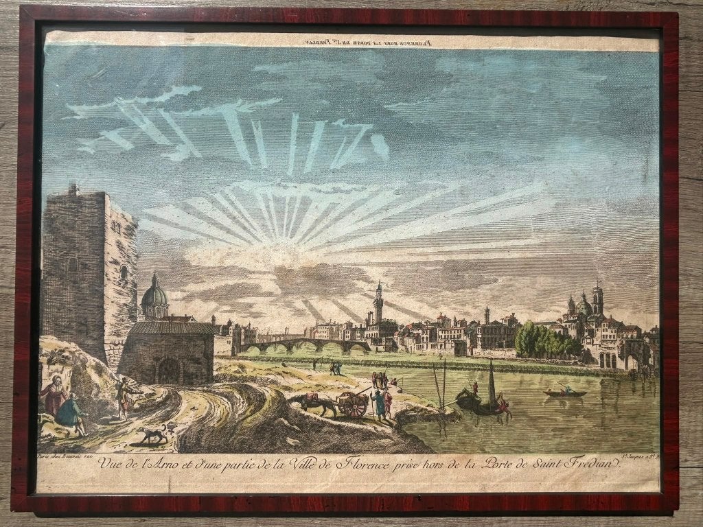 Antieke Opticaprent Florence Arno ca. 1770 Beauvais, Stadsgezicht, 42 cm, Met tekst, Ophalen of Verzenden