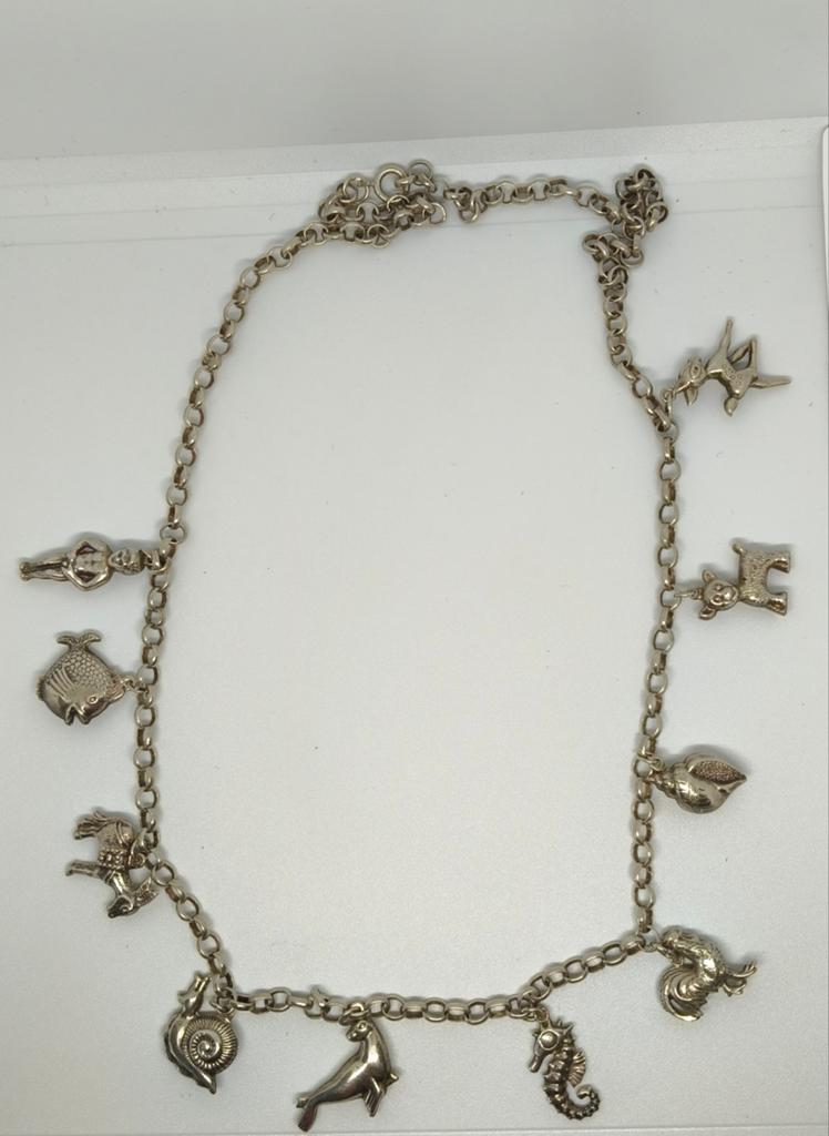 Prachtige Zilveren Bedelketting 835 met 10 Dierenbedels, Met hanger, Gebruikt, Ophalen of Verzenden, Zilver