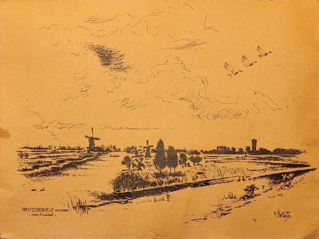 Molenlandschap Westzijderveld Westzaan - Maarten Oortwijn, Ophalen of Verzenden, Tekening, Pentekening, Gesigneerd