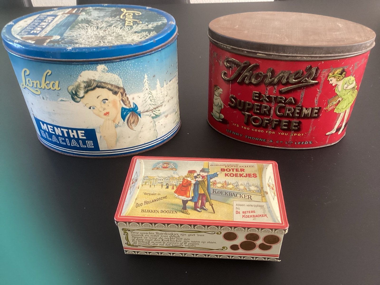 Vintage blikken: Lonka, Thorne's, Koekbacker, Verzamelen, Blikken, Ophalen of Verzenden, Gebruikt, Overige, Overige merken