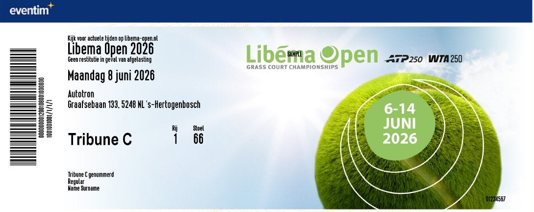 2x ticket libema open zaterdag 6 juni 2026 kwalificatie, Tickets en Kaartjes, Sport | Tennis, Twee personen, Juni