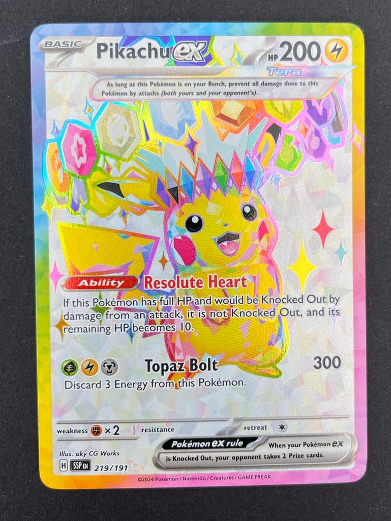 Pikachu Ex Surging Sparks Pokémon Kaart, Ophalen of Verzenden, Nieuw, Losse kaart, Foil