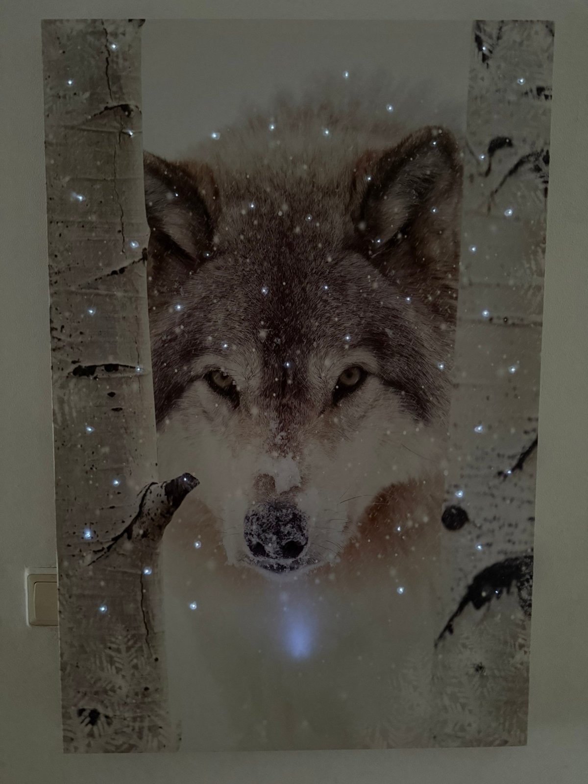 Wolf canvas met LED-verlichting – 90 x 60 cm, Ophalen of Verzenden, Zo goed als nieuw, 50 tot 75 cm, Schilderij