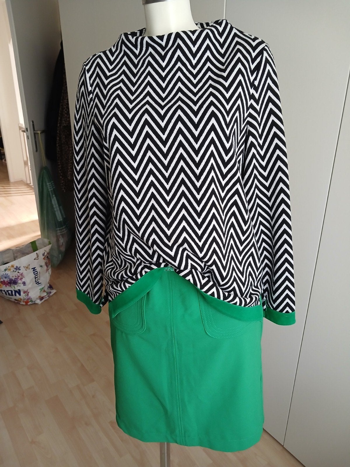 Street One Rok & Trui Set - Zwart/Wit Zigzag & Groen, Zwart, Street One, Ophalen of Verzenden, Zo goed als nieuw