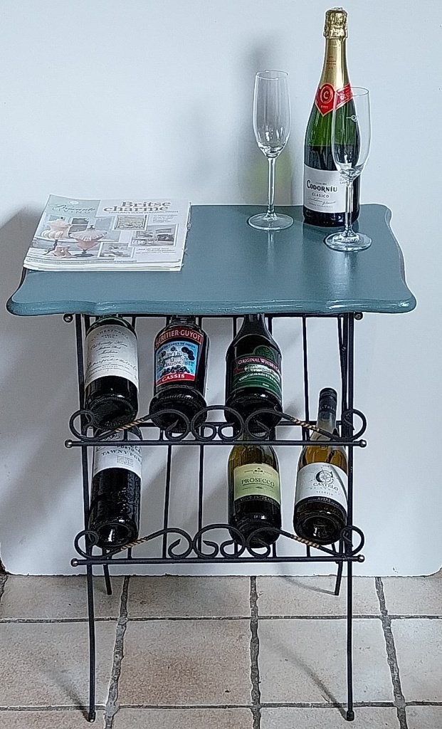 Wijntafel met wijnrek 8 flessen, smeedijzer en houten blad, Ophalen, 50 – 75, Gebruikt, 5 tot 15 flessen