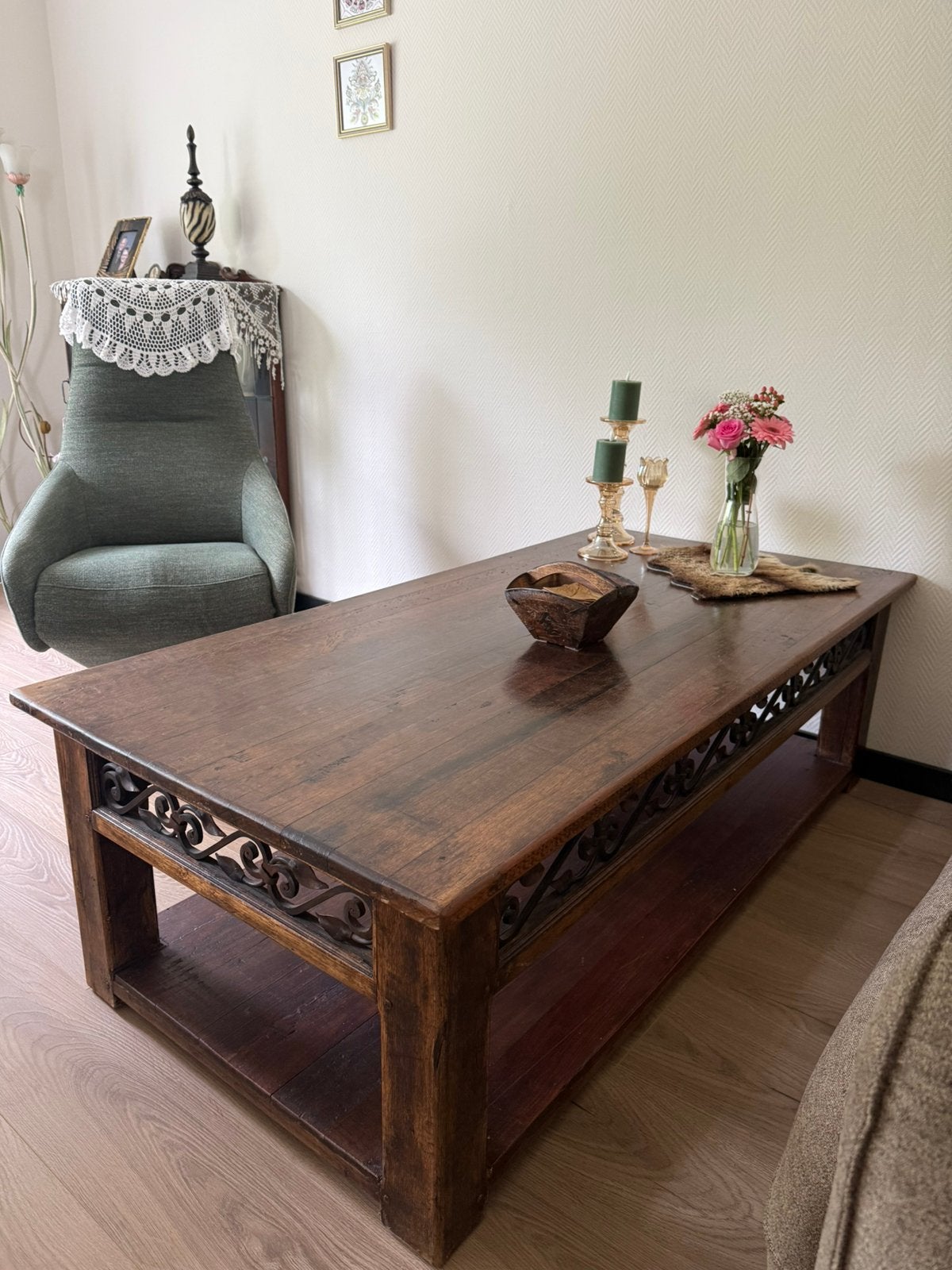 Massief houten Indonesische salontafel met smeedijzer, Ophalen, Gebruikt, 50 tot 100 cm, 150 tot 200 cm