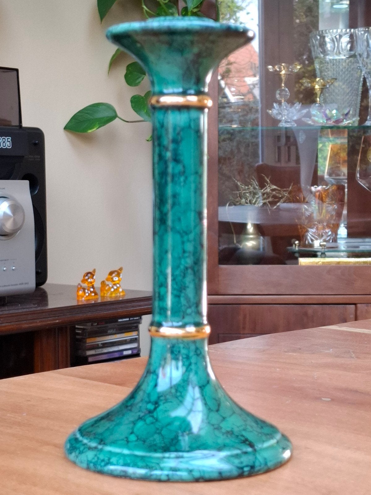 Groene vintage keramieke kandelaar met goud, Ophalen of Verzenden, Keramiek of Aardewerk