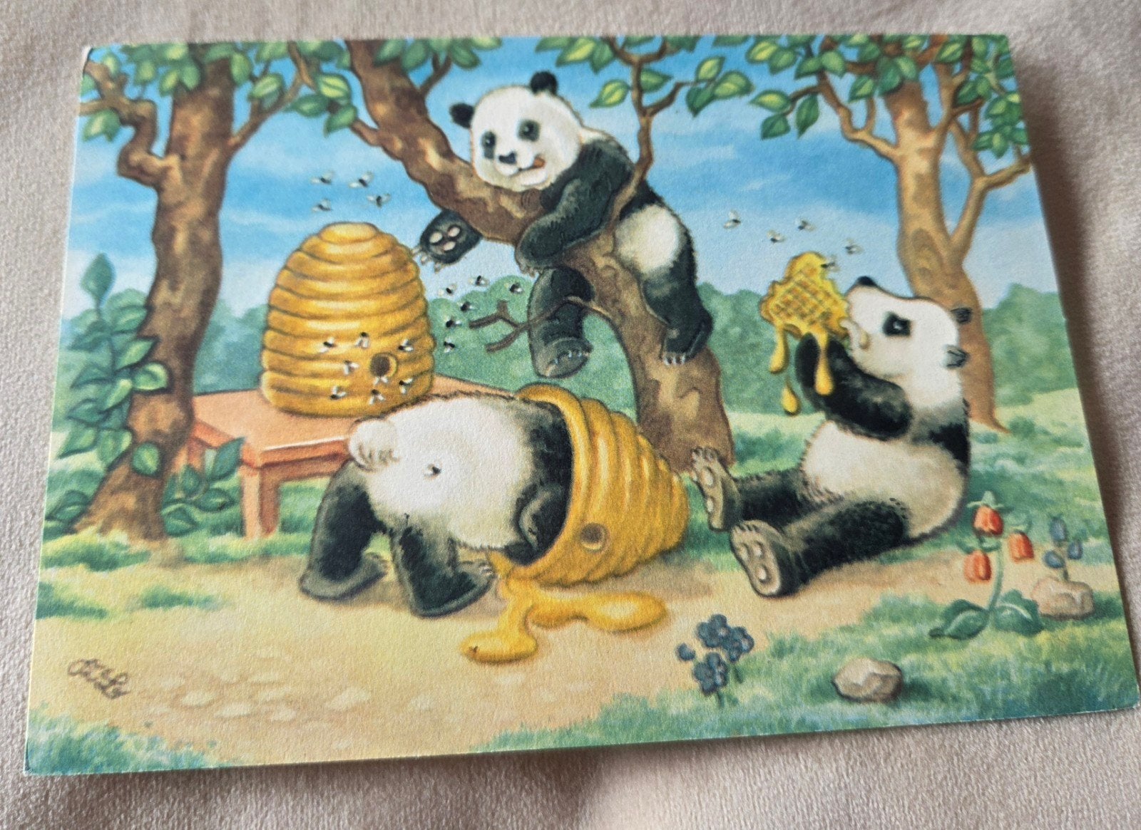 Leuke ansichtkaart met panda's en honingraat, Verzenden, 1960 tot 1980, Ongelopen, Kinderen