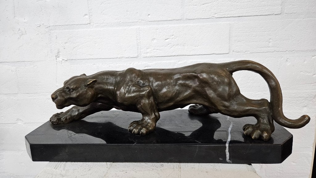 BRONZEN BEELD / PANTER OP MARMEREN VOET, Verzamelen, Dierenverzamelingen, Ophalen of Verzenden, Nieuw, Wild dier, Beeldje of Figuurtje