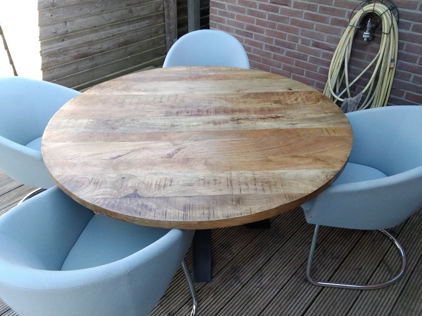 ronde mango eettafel 140 diameter, Ophalen, Rond, Zo goed als nieuw, 100 tot 150 cm