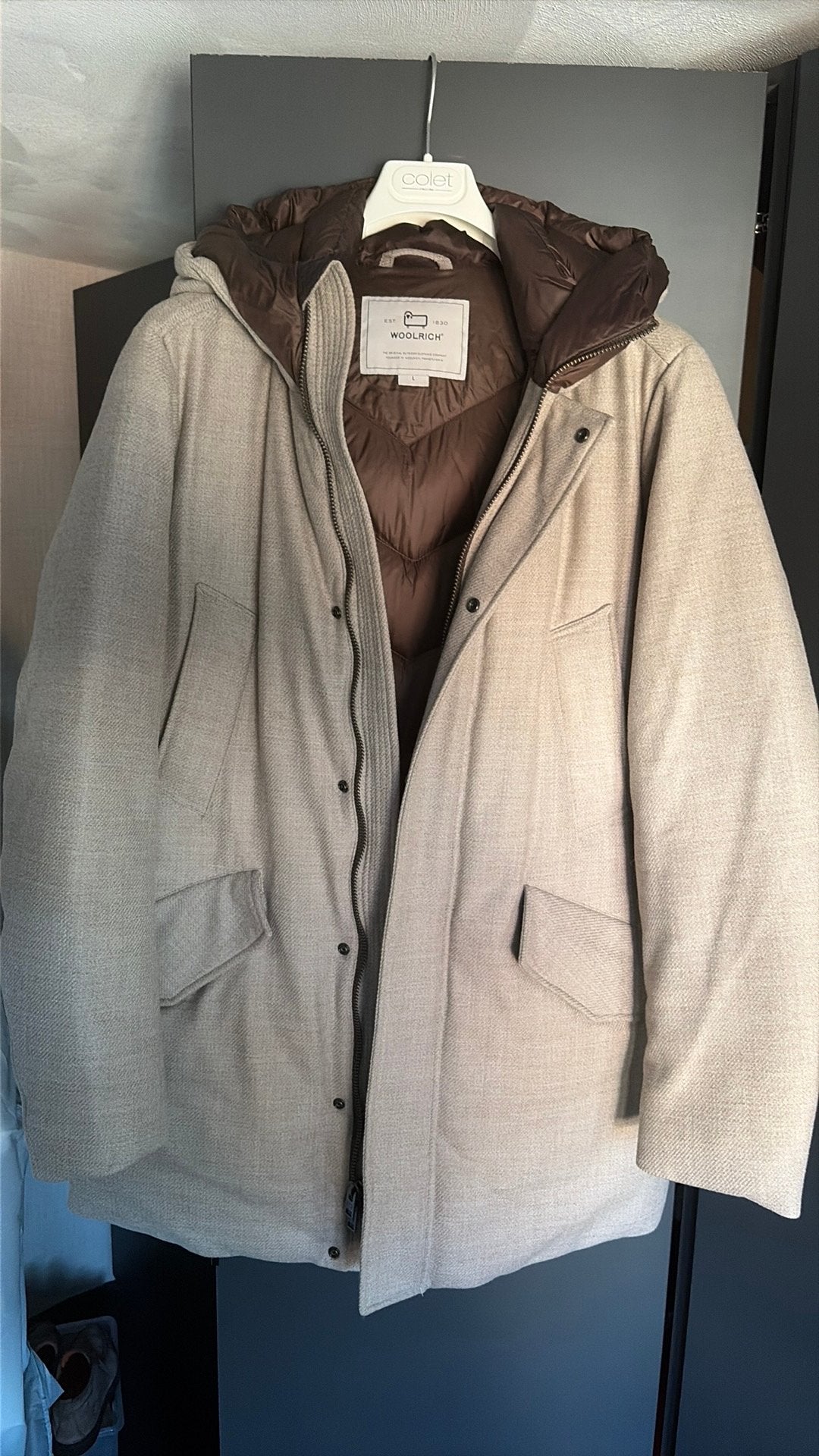 Woolrich x Loro Piana storm parka maat L, Ophalen, Zo goed als nieuw, Maat 52/54 (L), Beige
