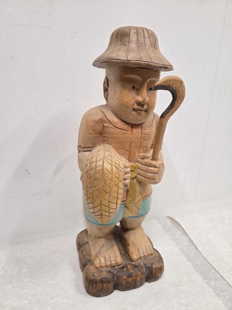 Aziatische visserman, Antiek en Kunst, Handgemaakt, Beeld, Hout, Azië