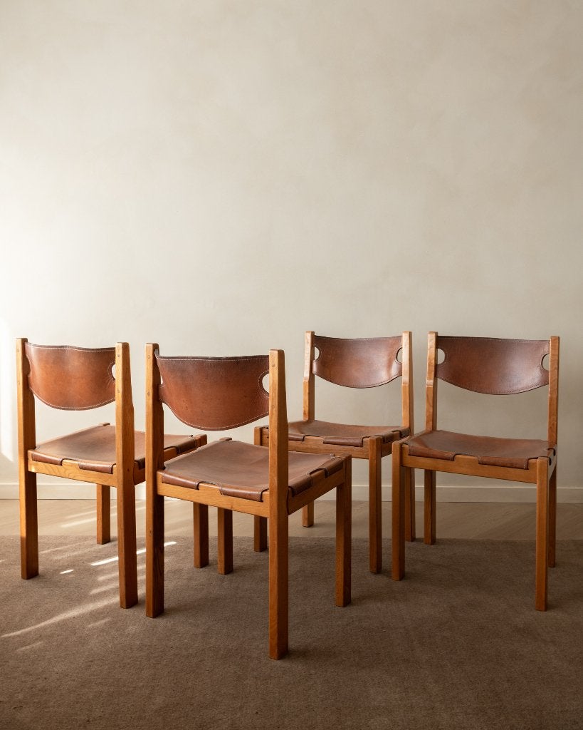 Vintage Brutalist Houten Leren Eetkamerstoelen Maison Regain, Gebruikt, Bruin, Ophalen of Verzenden, Vier